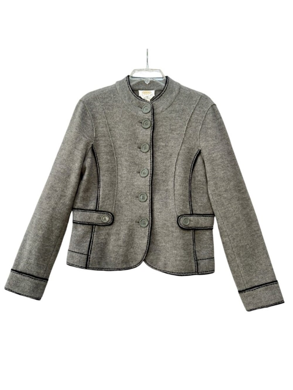 Talbot's Merino Wool Cardigan Jacket Medium Petite Grey Military Dark Academia - Picture 12 of 13